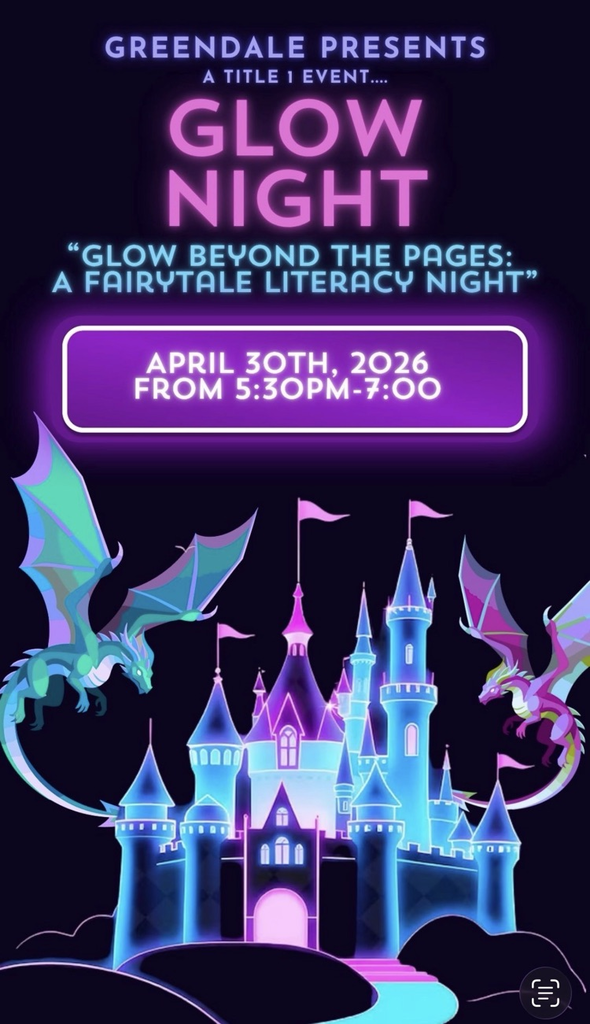 black and purple and blue glowing flyer for Title 1 glow night at Greendale Elementary 