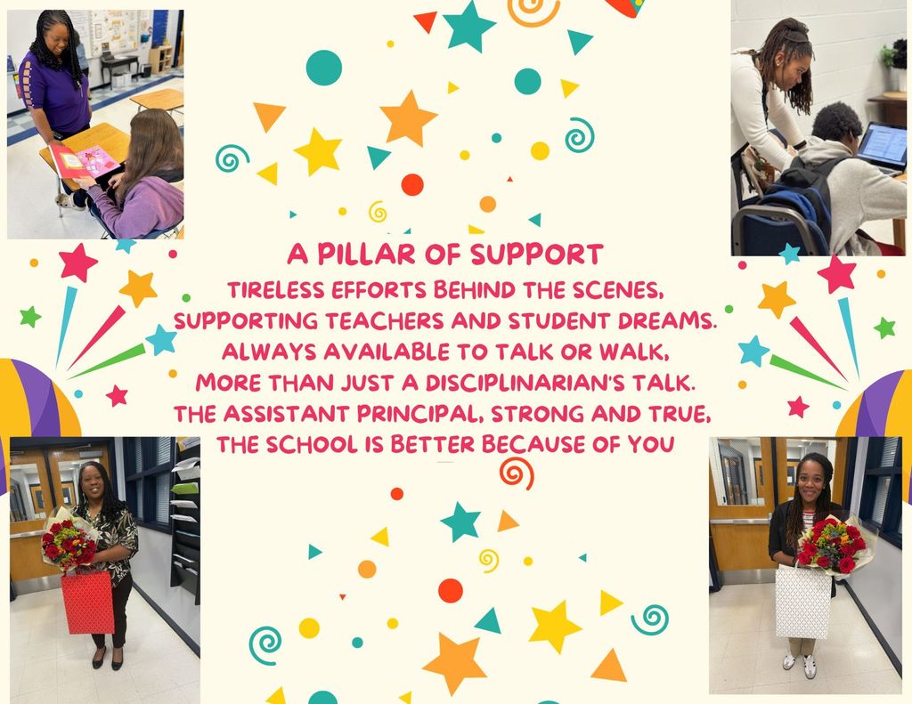 Flyer with colorful symbols and pictures of  women and students