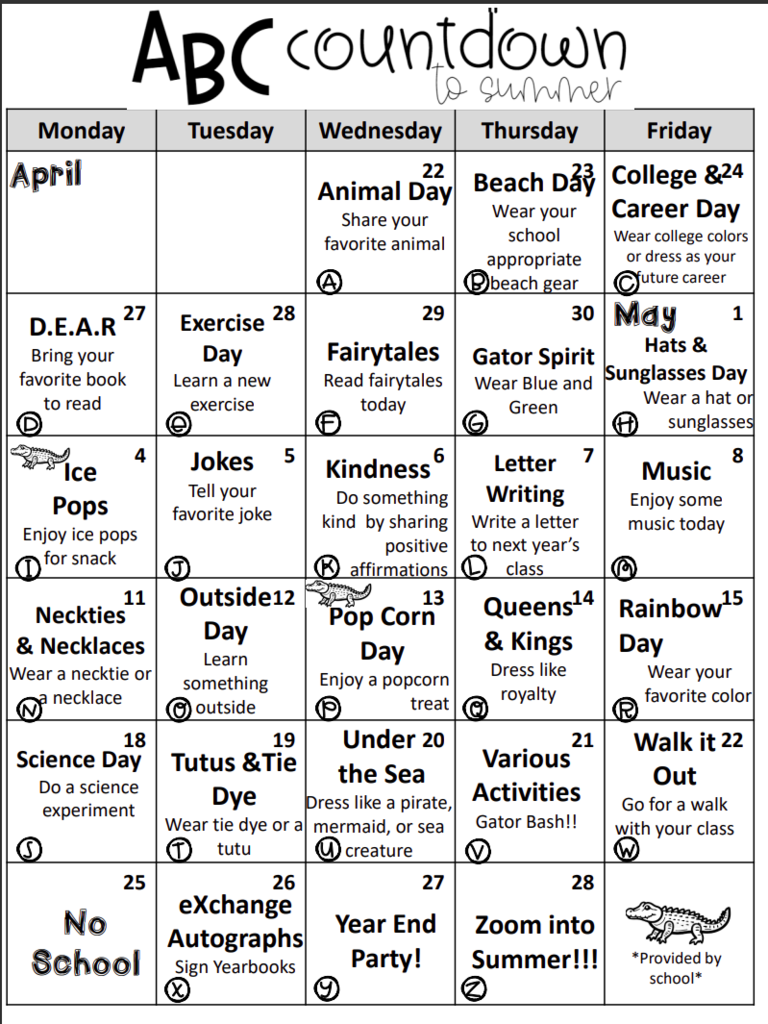 this is a calendar for the ABC countdown and it was sent home in your student's folder