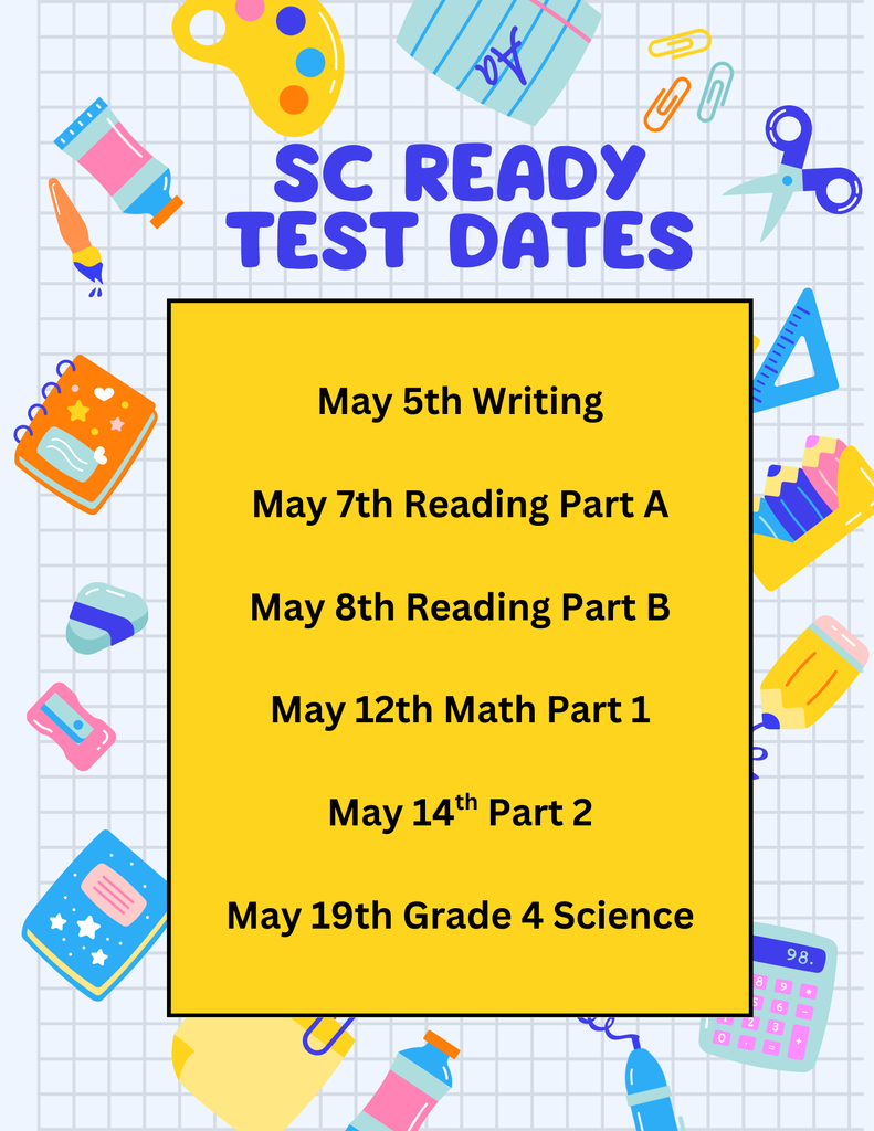 A flyer with a border of school tools provides testing dates.