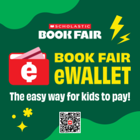 A flyer contains a QR code for the Book Fair eWallet.