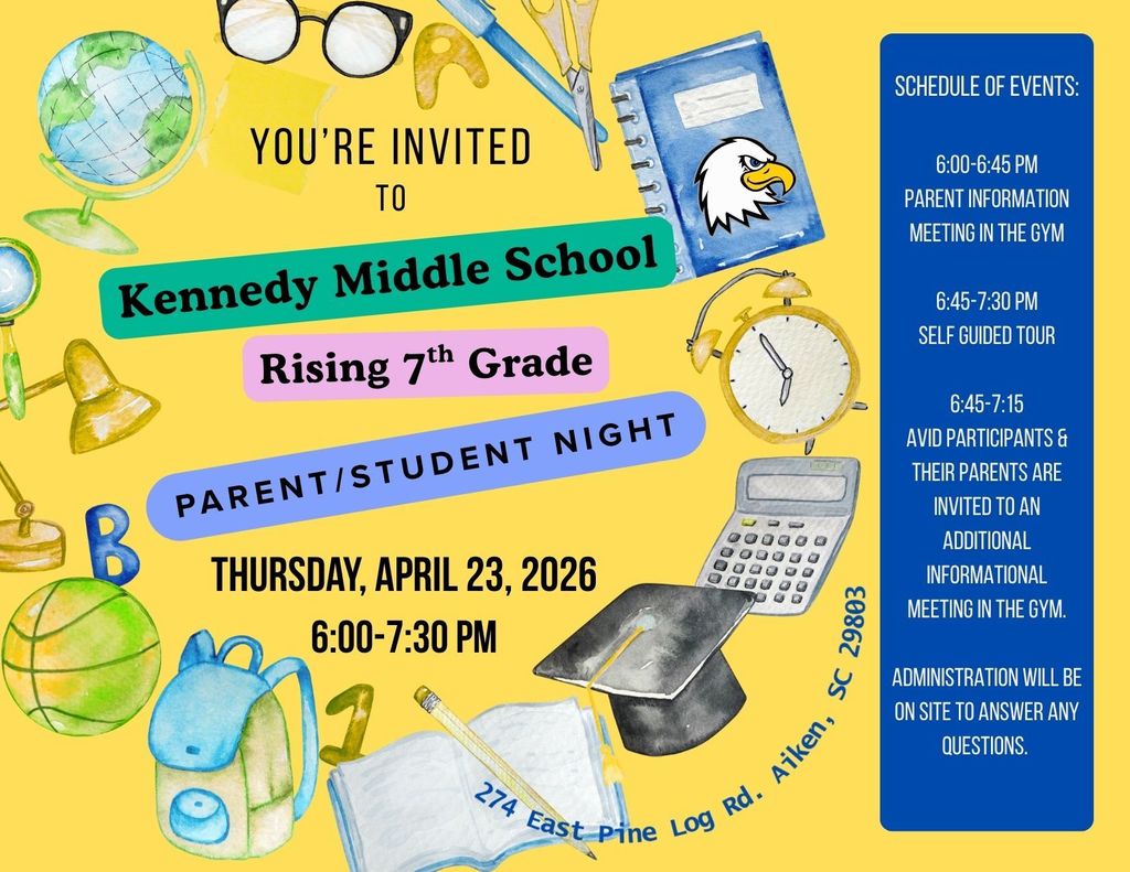 A flyer that lists information for KMS's rising 7th grade night to be held on Thursday, April 23, 2026 from 6-7:30 PM.