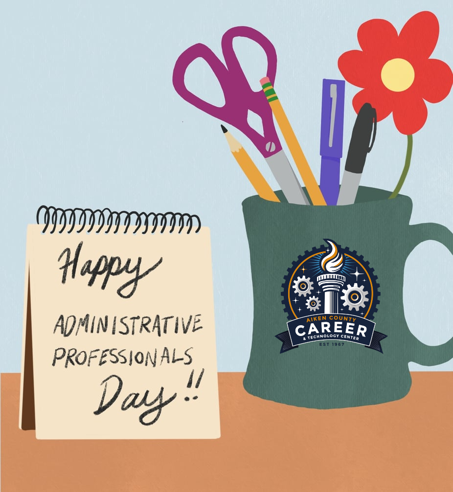 image with a notepad reading happy administrative professionals day and depicting a cup full of supplies with the ACCTC logo