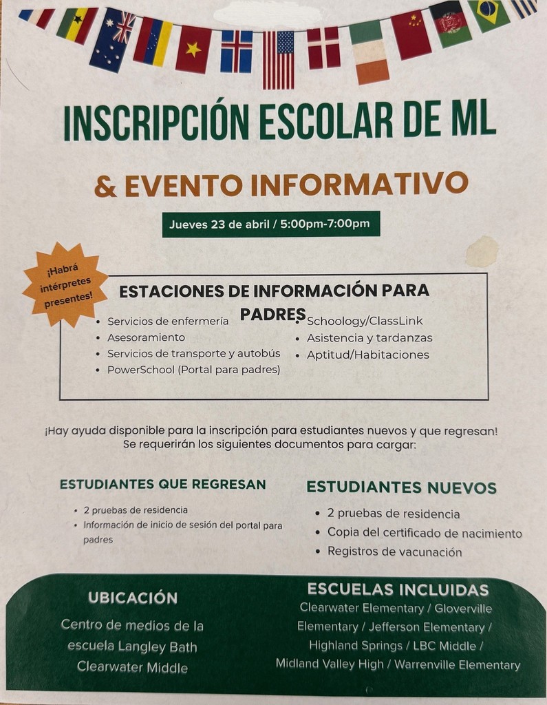 A flyer with flags from various countries provides information about ML School Registration.