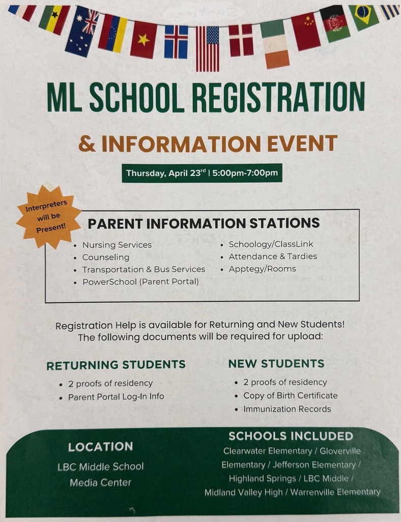 A flyer with flags from various countries provides information about ML School Registration.
