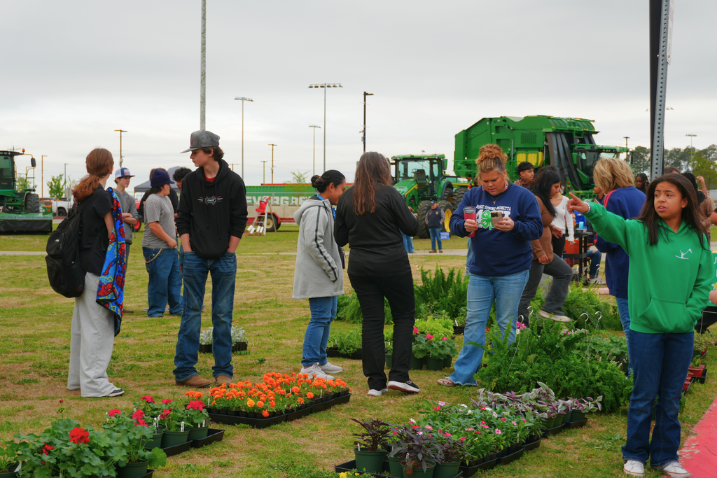 Group of students walking around flower plants.