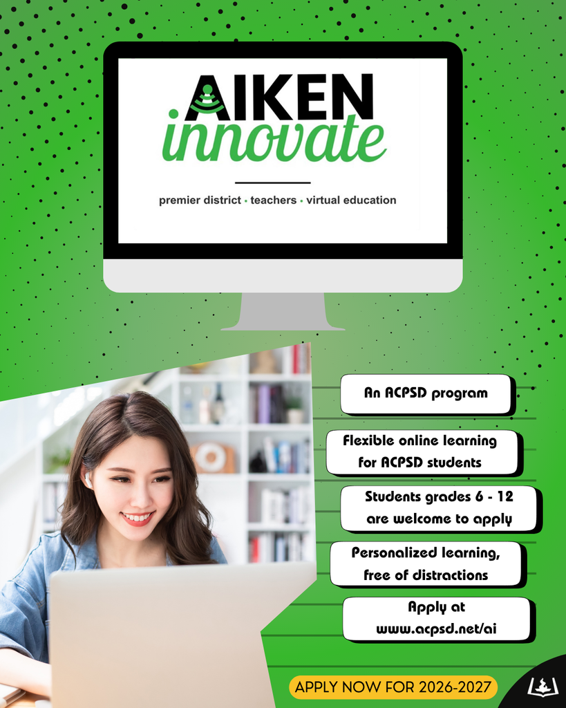 Promotional flyer for Aiken iNNOVATE 2026-2027, a flexible online learning program for ACPSD students in grades 6-12.