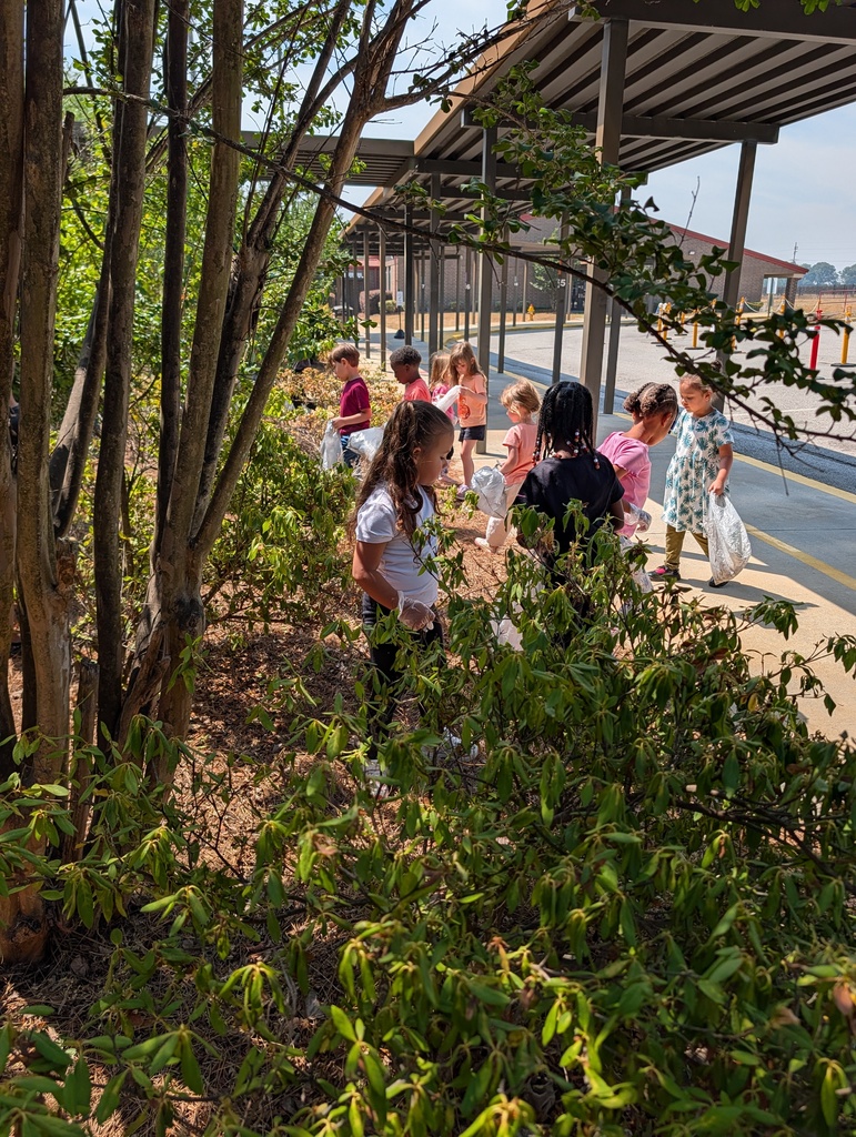 Students picking up trash around school grounds.