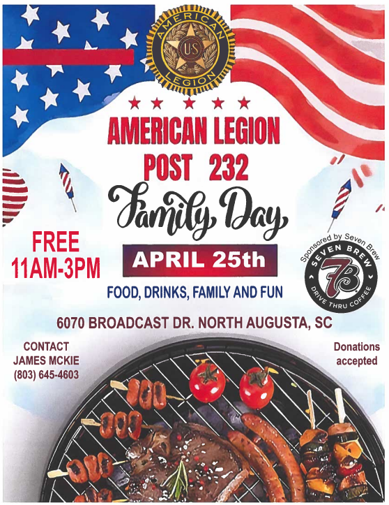 A flyer has an image of a grill with food cooking to advertise a Family Day hosted by the American Legion.