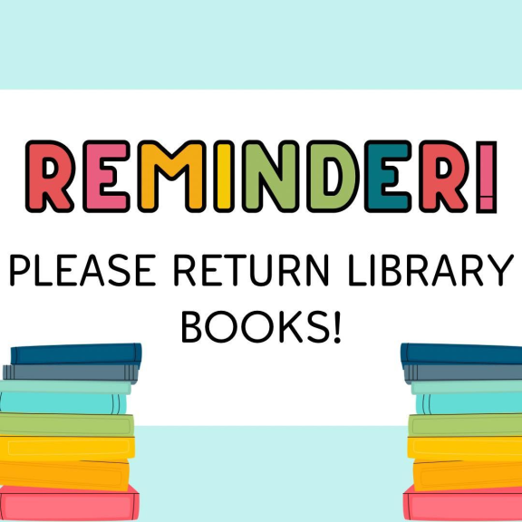 A flyer with multi-colored books are stacked on a flyer to return library books.