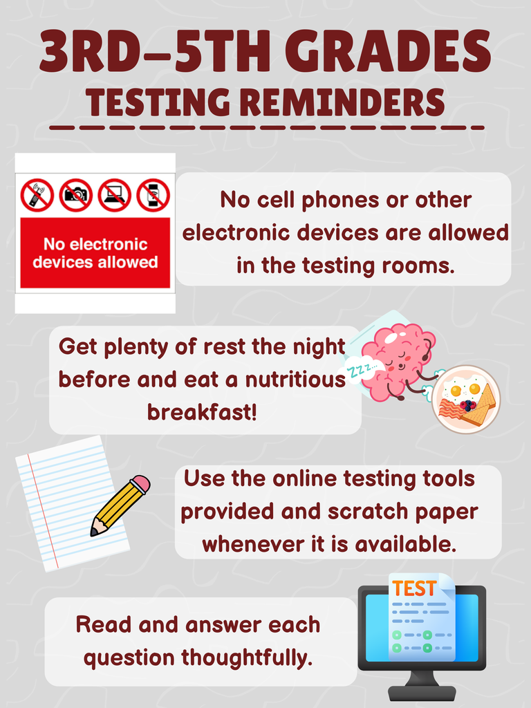 Testing reminders for 3rd through 5th grade students. No cell phones or electronic devices are allowed in testing rooms. Students should get plenty of rest the night before and eat a nutritious breakfast. Use provided online testing tools and scratch paper when available. Read and answer each question carefully and thoughtfully. Graphic includes simple school-themed illustrations.