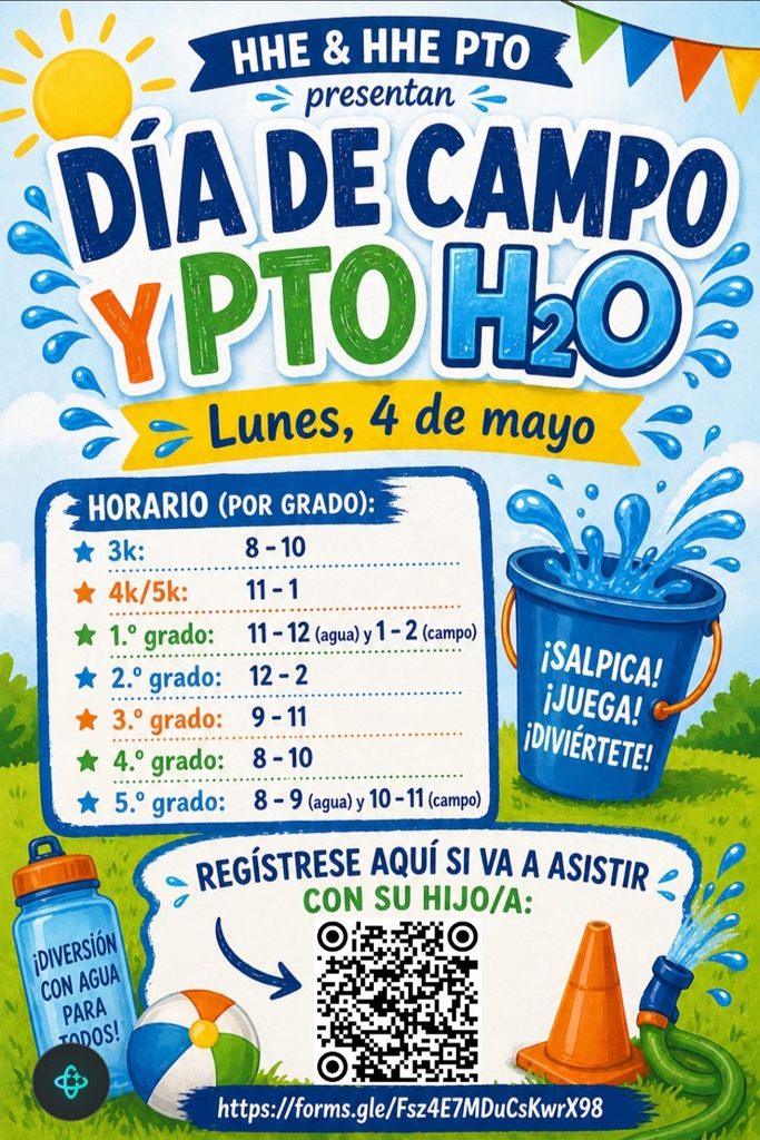 water pail with field day and water day information in Spanish for May 4