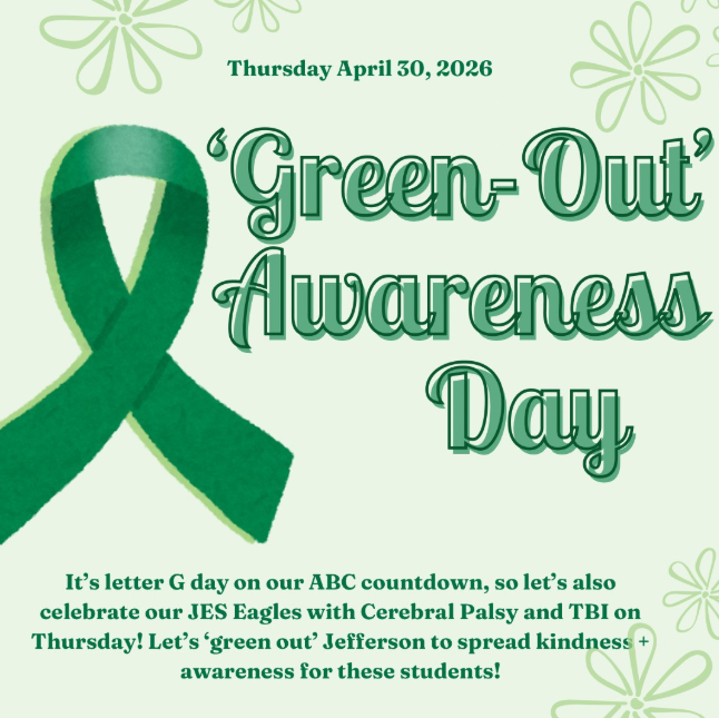 A flyer with a green ribbon states to wear green on April 30th to support Cerebral Palsy and TBI.