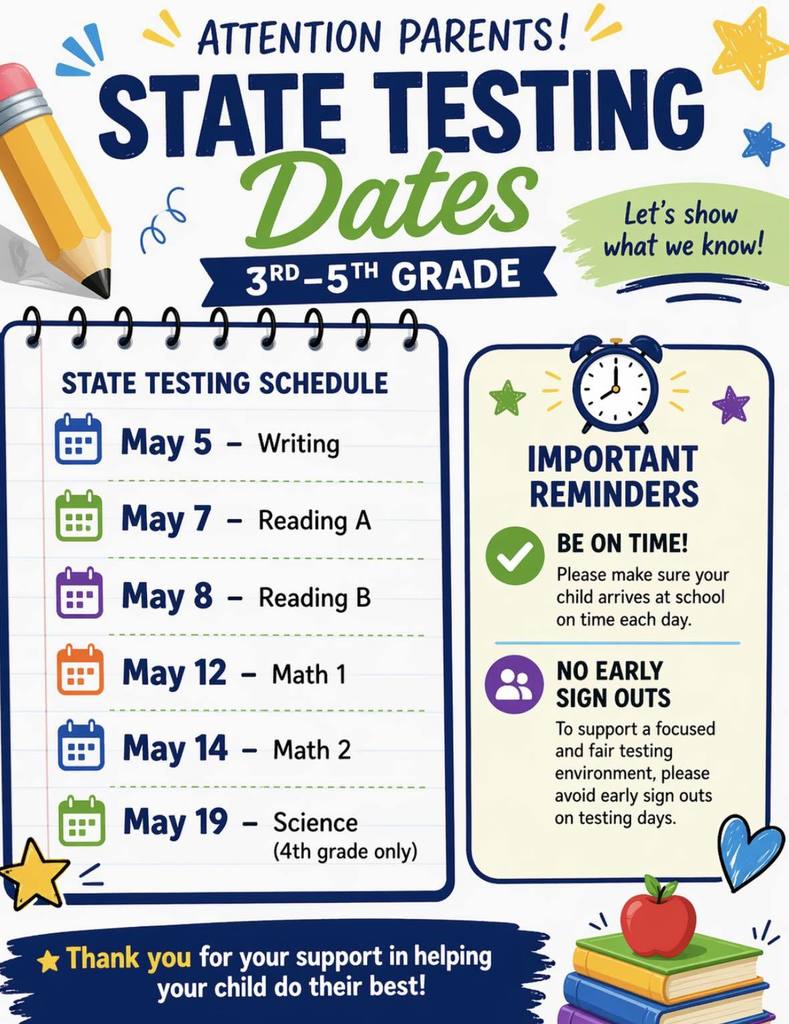 State Testing Dates for 3rd-5th 