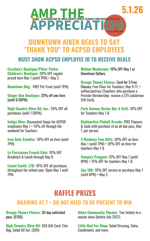 Downtown Aiken Deals, including Caroline's Downtown Dog, Ginger Bee, High Country Olive Oil, Indigo Blue, Iron Gate Candles, La Parisienne, Lionel Smith, Mellow Mushroom, Orange Theory, Park Ave. Oyster Bar and Grill, Radioactive Pinball Arcade, 3 Monkeys, Vampire Penguin, Spa 106.; and Raffle Items.from Orange Theory,  High Country Olive Oil, Aiken Community Theater, and Little Red Fox Shop. 