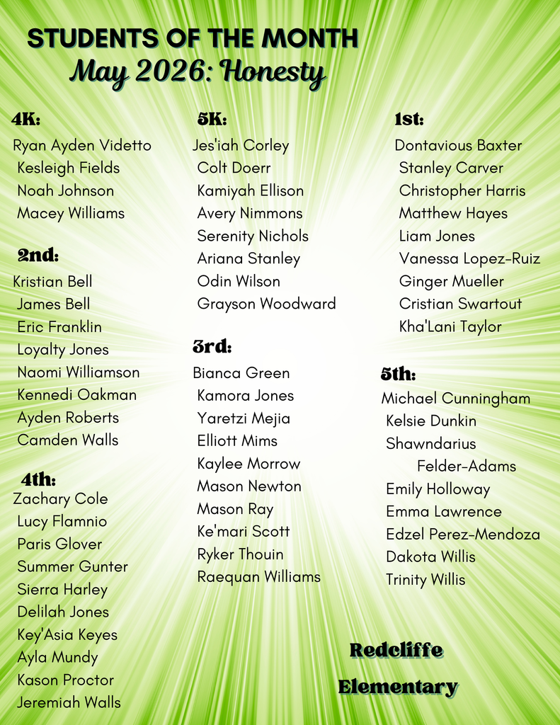 Redcliffe Elementary Students of the Month for May 2026. Character trait: Honesty. Honored students by grade level are:  4K – Ryan Ayden Videtto, Kesleigh Fields, Noah Johnson, Macey Williams.  5K – Jes’iah Corley, Colt Doerr, Kamiyah Ellison, Avery Nimmons, Serenity Nichols, Ariana Stanley, Odin Wilson, Grayson Woodward.  1st Grade – Dontavious Baxter, Stanley Carver, Christopher Harris, Matthew Hayes, Liam Jones, Vanessa Lopez-Ruiz, Ginger Mueller, Cristian Swartout, Kha’lani Taylor.  2nd Grade – Kristian Bell, James Bell, Eric Franklin, Loyalty Jones, Naomi Williamson, Kennedi Oakman, Ayden Roberts, Camden Walls.  3rd Grade – Bianca Green, Kamora Jones, Yaretzi Mejia, Elliott Mims, Kaylee Morrow, Mason Newton, Mason Ray, Ke’mari Scott, Ryker Thouin, Raequan Williams.  4th Grade – Zachary Cole, Lucy Flaminio, Paris Glover, Summer Gunter, Sierra Harley, Delilah Jones, Key’Asia Keyes, Ayla Mundy, Kason Proctor, Jeremiah Walls.  5th Grade – Michael Cunningham, Kelsie Dunkin, Shawndarius Felder-Adams, Emily Holloway, Emma Lawrence, Edzel Perez-Mendoza, Dakota Willis, Trinity Willis.