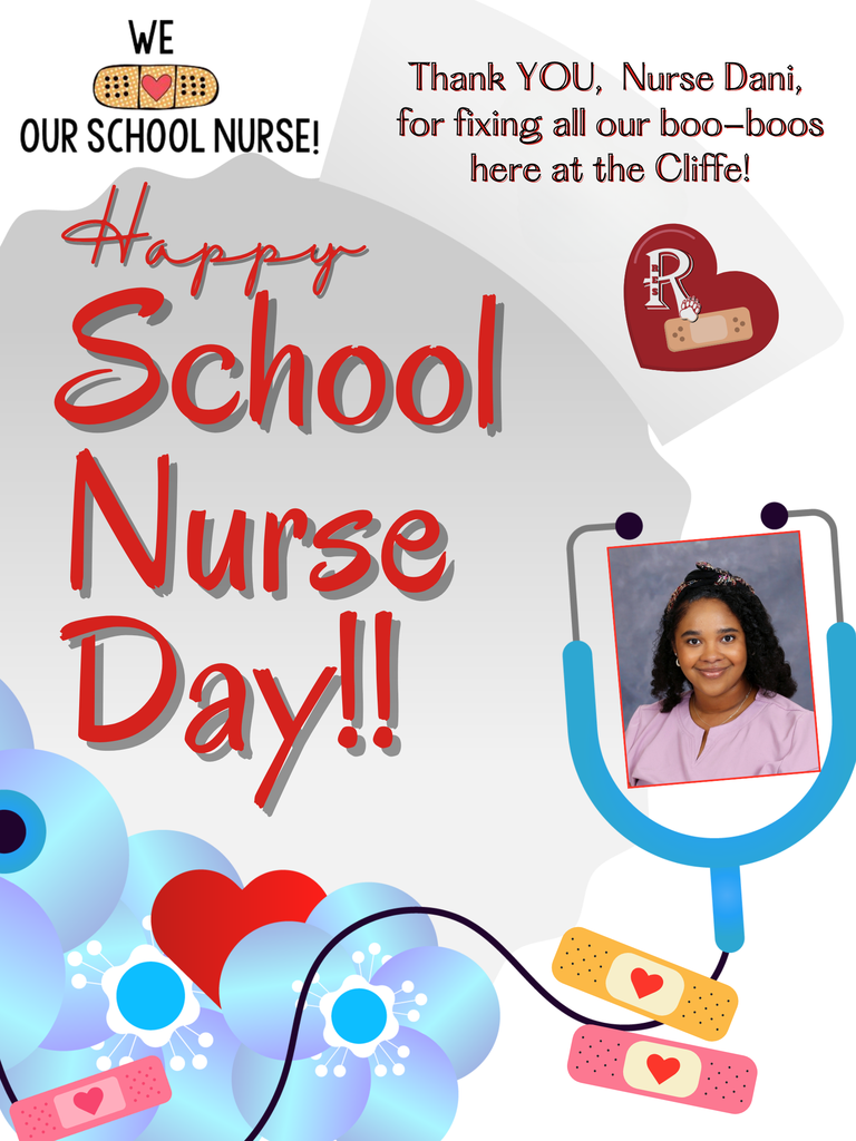 Happy School Nurse Day message from Redcliffe Elementary. The graphic thanks Nurse Dani for caring for students, with the message, ‘Thank you, Nurse Dani, for fixing all our boo-boos here at the Cliffe.’ Includes a photo of the school nurse and medical-themed decorations like a stethoscope, bandages, and hearts.