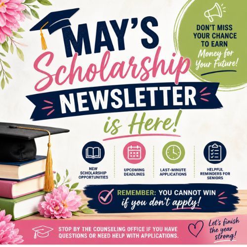 May flowers with grad cap and books advertising scholarship newsletter. 