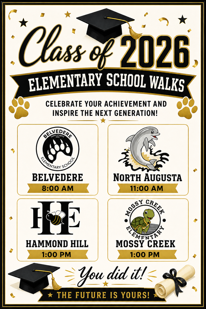 Class of 2026 Senior Walk Flyer with Elementary School Logos including paw, dolphin, bee, and turtle.