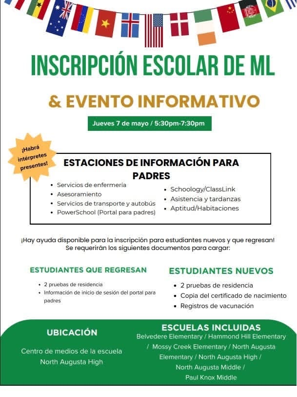 flyer with different flags and details about multilingual registration event at NAHS