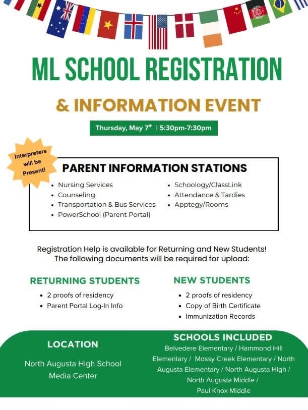 flyer with different flags and details about multilingual registration event at NAHS
