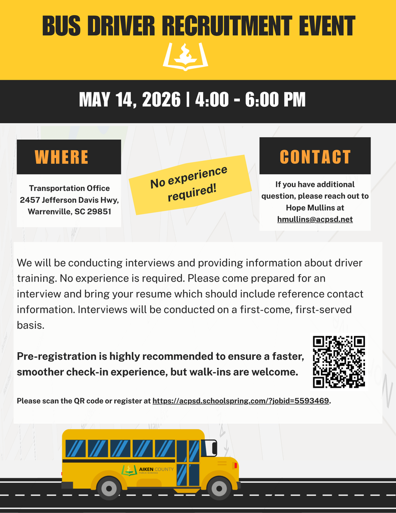 Bus Driver Recruitment Event on May 14 from 4-6 PM. It has a registration link and QR code. 