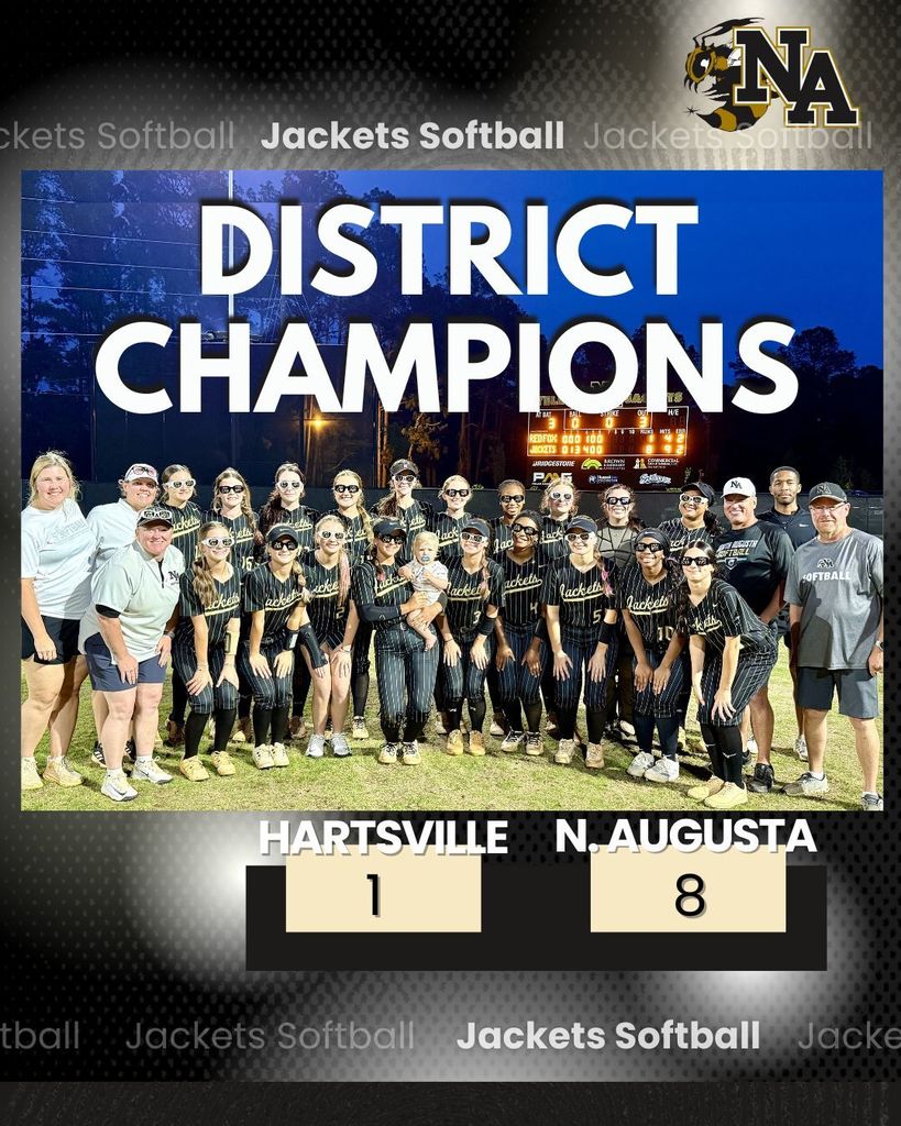 Softball team district champs promo with team and coaches. 