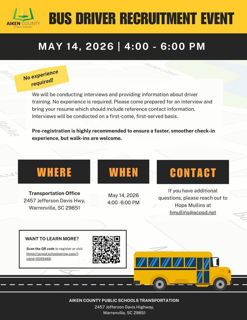 Bus Driver Recruitment Event on May 14 from 4-6 PM. It has a registration link and QR code. 