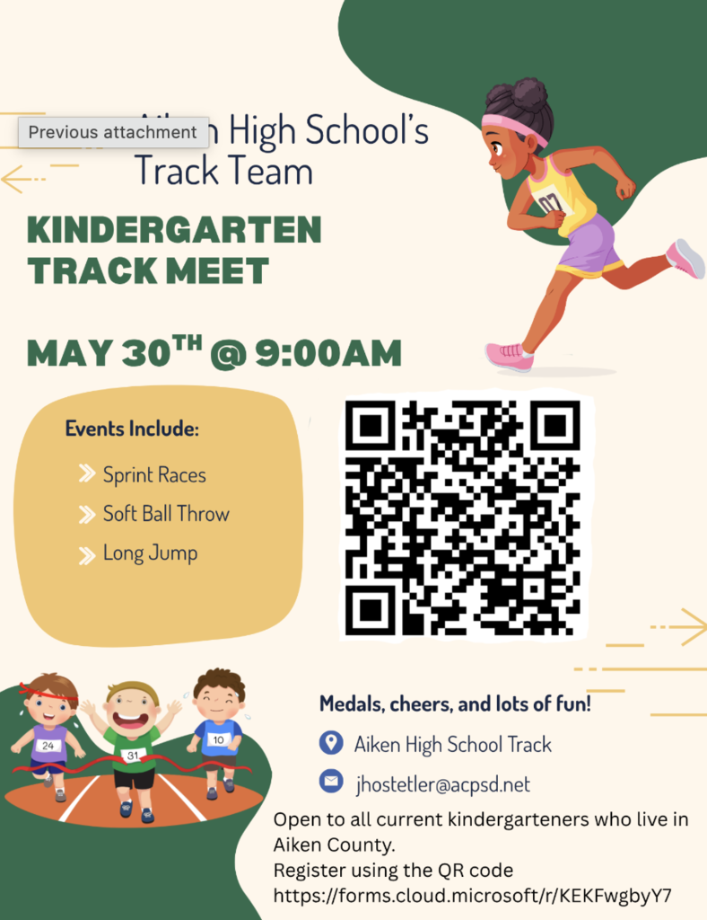 A flyer with children running provides information about a kindergarten track meet to take place on May 30th at 9:00 AM.