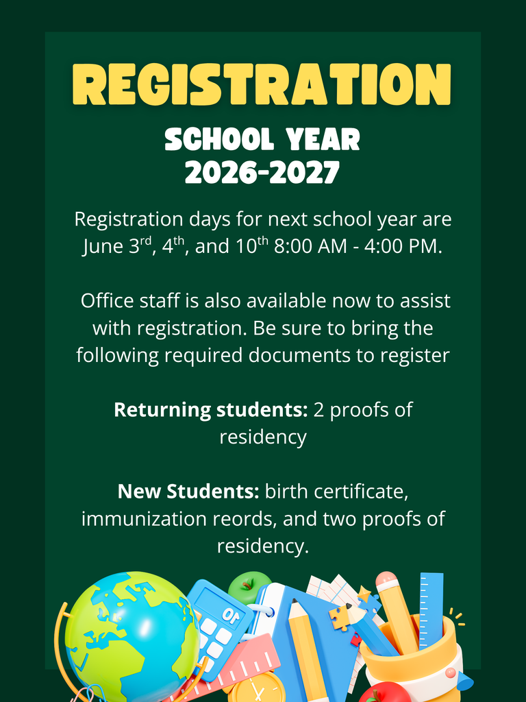 A dark green flyer with an image of school supplies provides information about school registration.