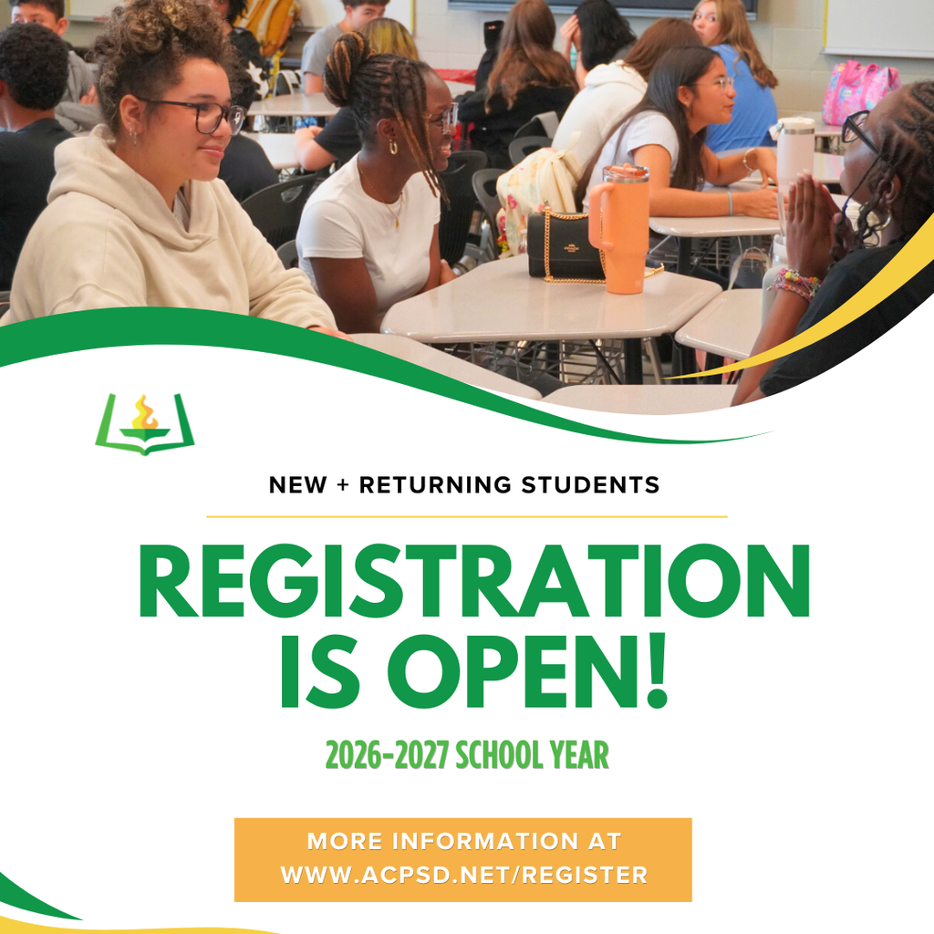 High school aged students in a classroom with "new and returning student registration is open" and url of www.acpsd.net/register for more info.