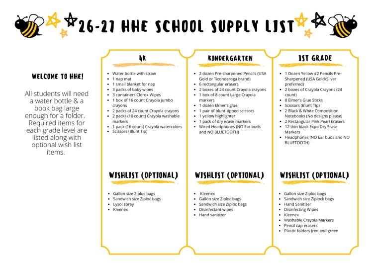 bees in corners with a list of school supplies