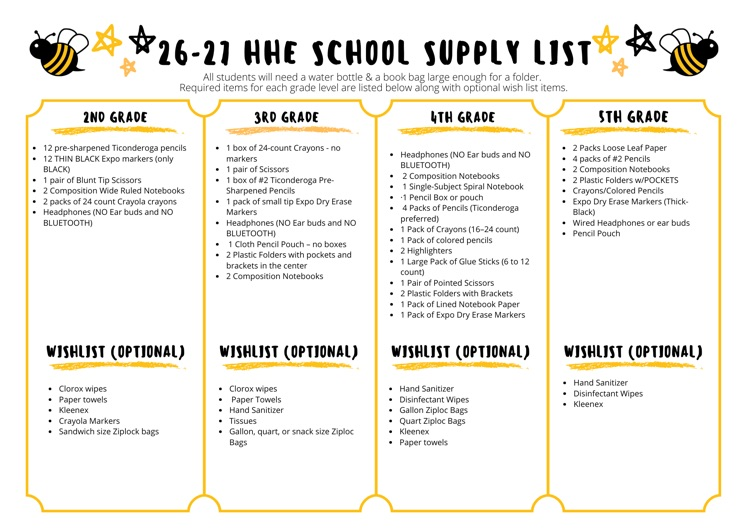 bees in corners with a list of school supplies