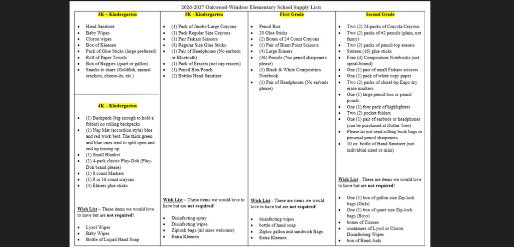 3k-2nd grade supply lists