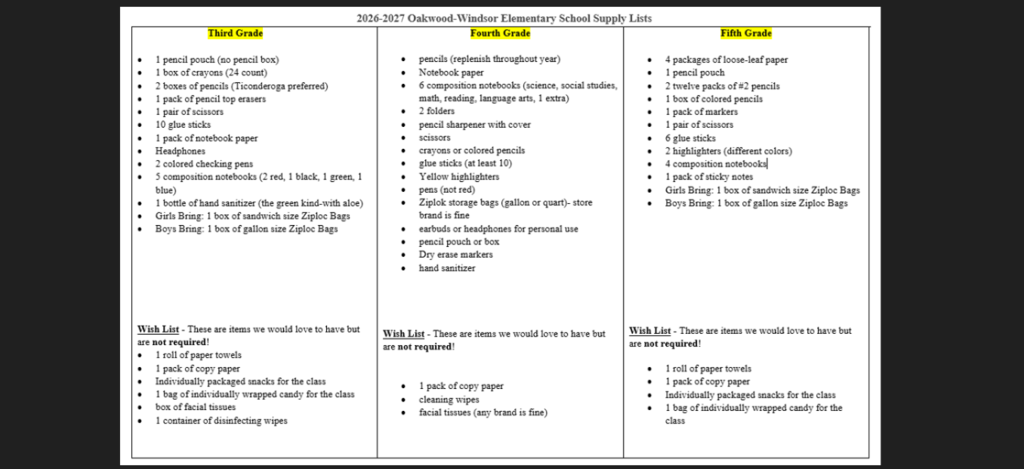 3rd-5th grade supply lists