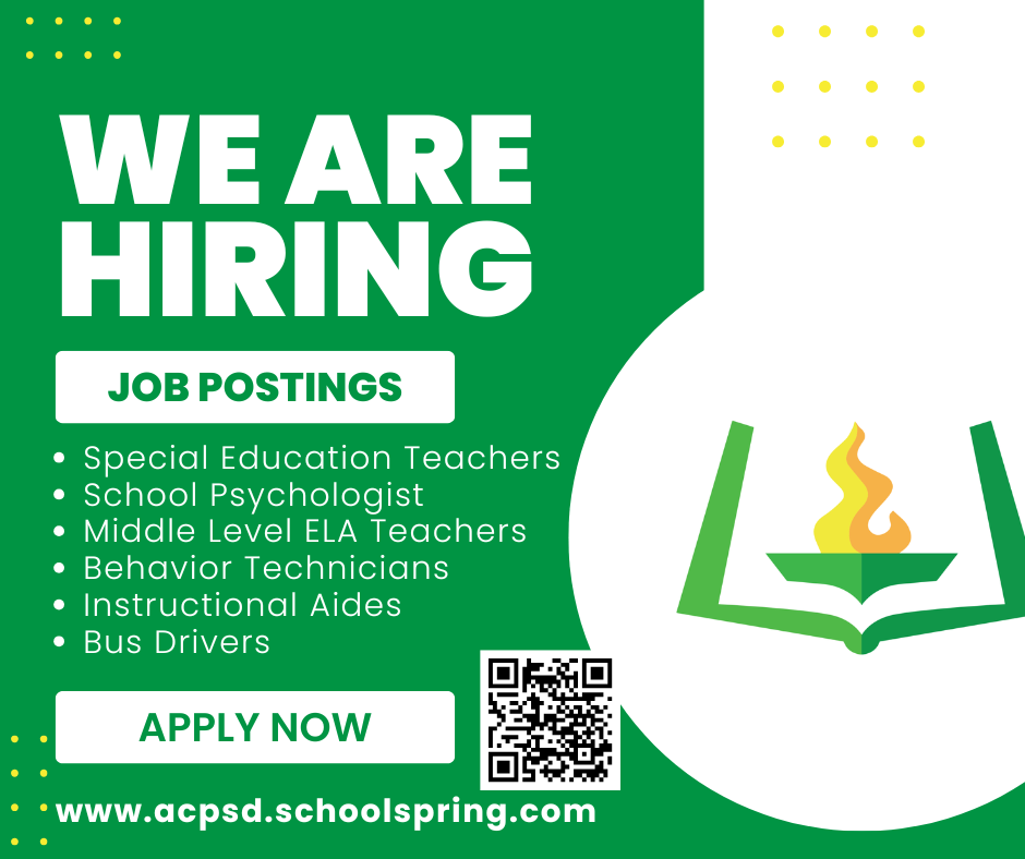 We are hiring. Job Postings. Special Education Teachers, School Psychologist, Middle Level ELA teachers, Behavior Technicians, Instructional Aides, Bus Drivers. Apply now.. QR code