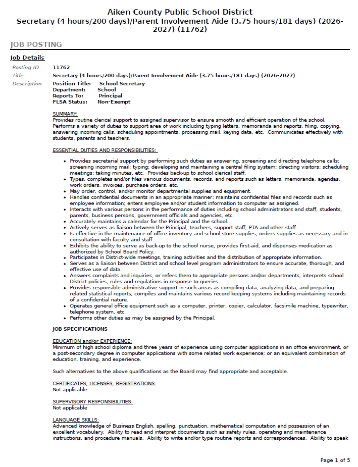 Secretary Job Posting Page 1