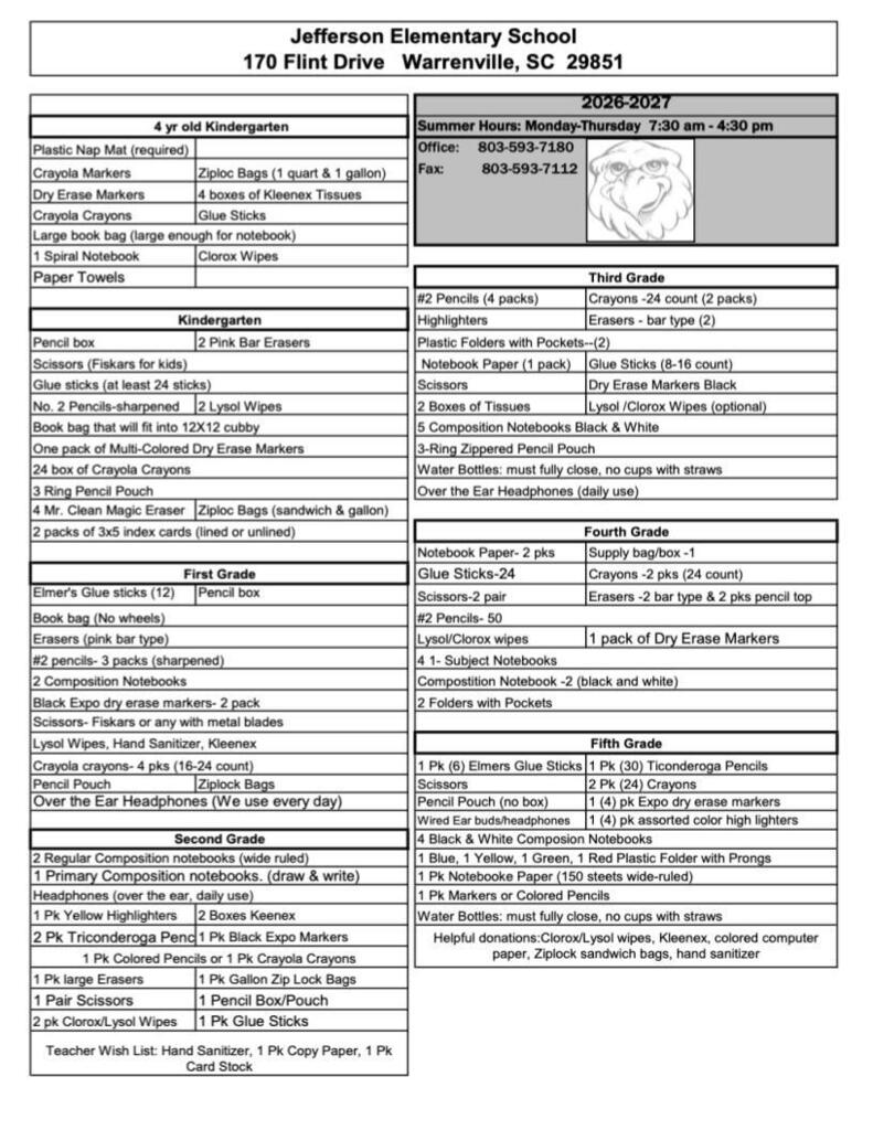 An image of a school supply list for 2026-2027.