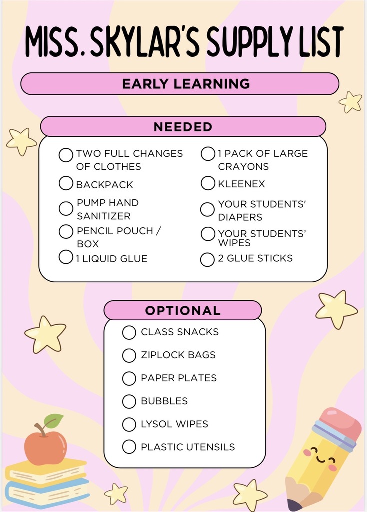 An image of Miss Skylar's Supply List.