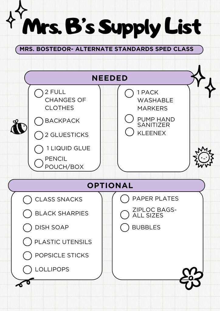 An image of Mrs. B's Supply List.