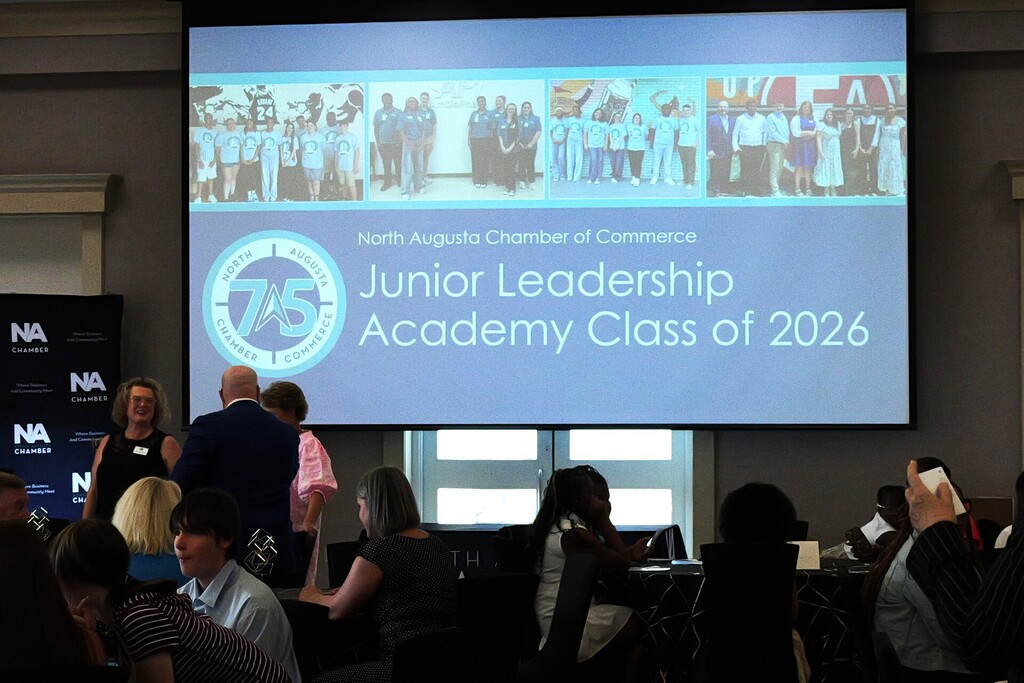 A big screen acknowlodging the Junior Leadership Academy Class of 2026.