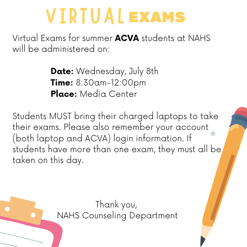 Flyer for Virtual Exams with pencil and part of notepad.