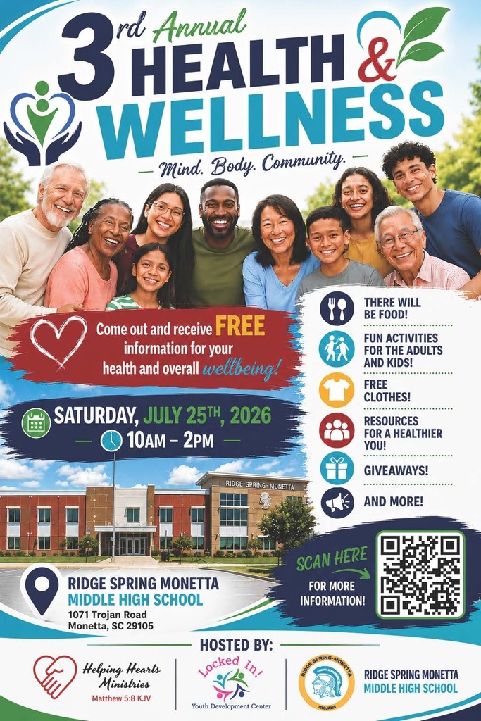 This image is a colorful promotional flyer for the 3rd Annual Health & Wellness Fair on Saturday, July 25, 2026, from 10:00 AM to 2:00 PM at Ridge Spring-Monetta Middle/High School. The full list of participating organizations and details on how to schedule appointments are available at https://canva.link/tin5xq8dugrb387.
