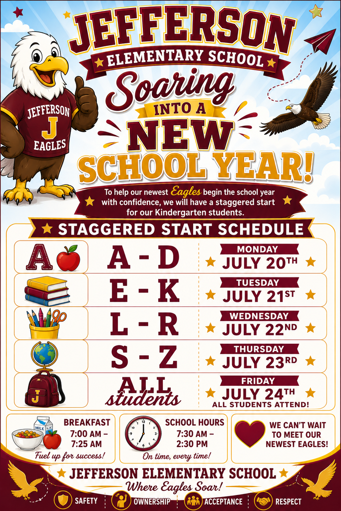 An image of a flyer has an eagle and a chart with dates for staggered start schedule for kindergarten.