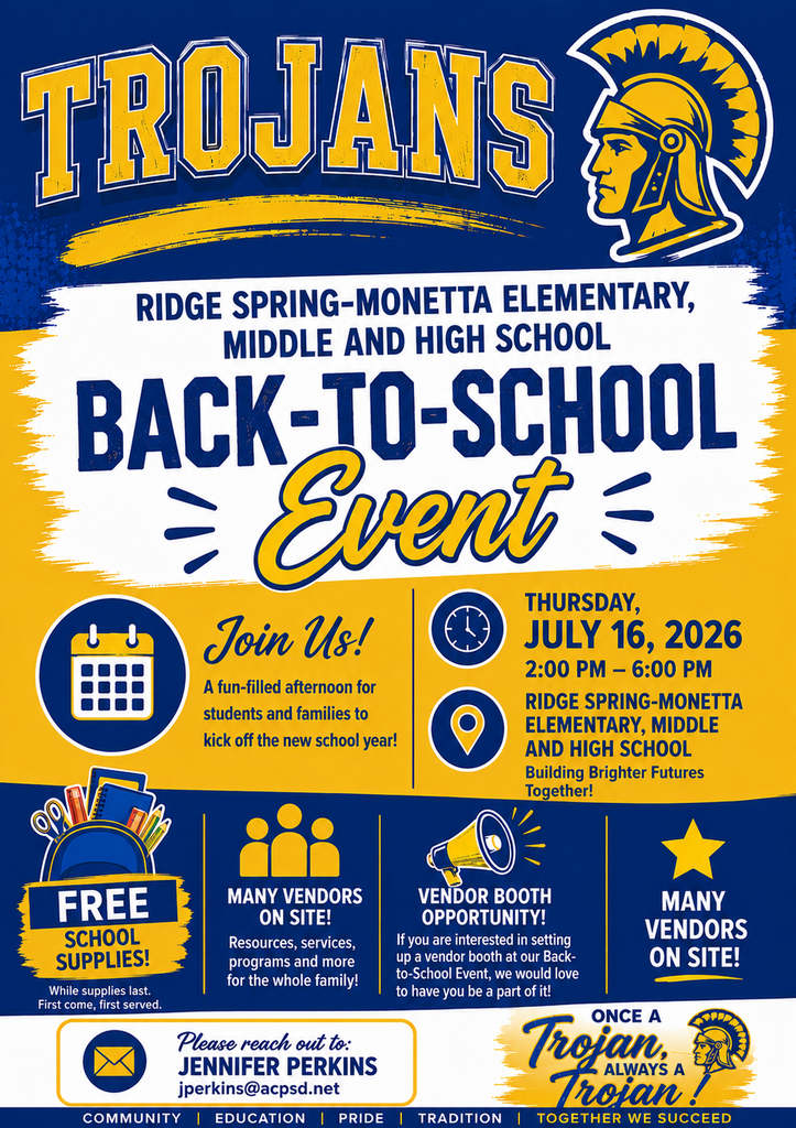 Ridge Spring-Monetta Elementary, Middle, and High School is excited to welcome students and families on Thursday, July 16, 2026, from 2:00–6:00 PM for an afternoon of fun, resources, and school spirit!