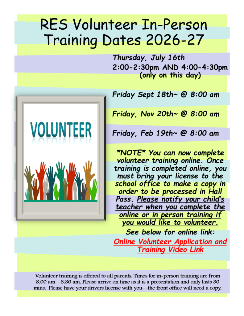 Flyer announcing Redcliffe Elementary's 2026–2027 volunteer training opportunities for parents and guardians. The flyer lists in-person volunteer training dates as: Thursday, July 16, with sessions from 2:00–2:30 p.m. and 4:00–4:30 p.m. (available only on that date); Friday, September 18 at 8:00 a.m.; Friday, November 20 at 8:00 a.m.; and Friday, February 19 at 8:00 a.m. Families may also complete volunteer training online. After completing the online training, volunteers must bring their driver's license to the school office so it can be copied and processed in Hall Pass, and they should notify their child's teacher once training is complete if they plan to volunteer. An online volunteer application and training video link is referenced on the flyer. A reminder at the bottom notes that in-person training is open to all parents, lasts approximately 30 minutes, begins promptly at 8:00 a.m., and participants should bring their driver's license. The flyer includes a colorful illustration of raised hands beneath the word ‘Volunteer.’