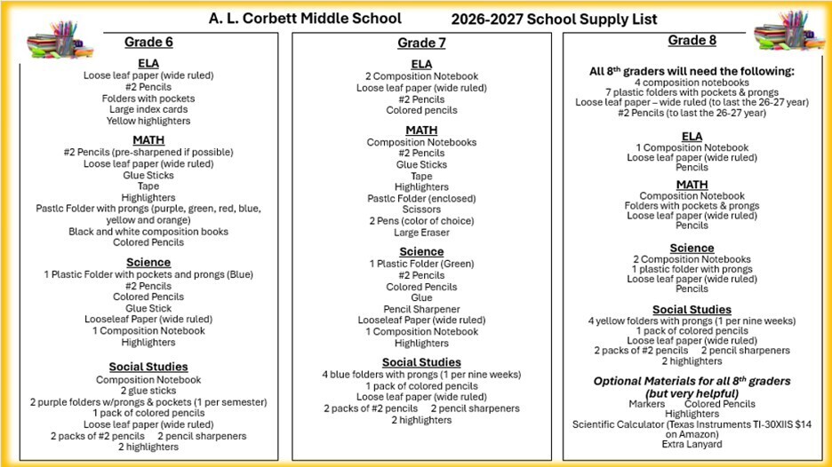 Flyer for 2026-2027 School Supply List