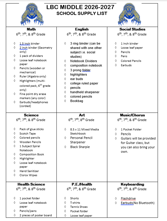 School Supply List