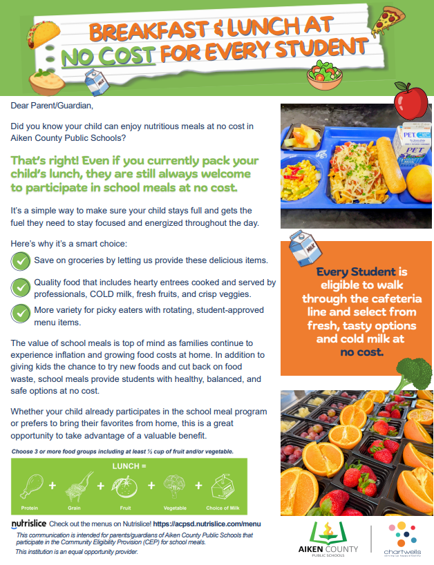 This flyer explains to families that breakfast and lunch is at no cost to students at Byrd this school year. Students who currently pack a lunch to school also qualify for these free meals.