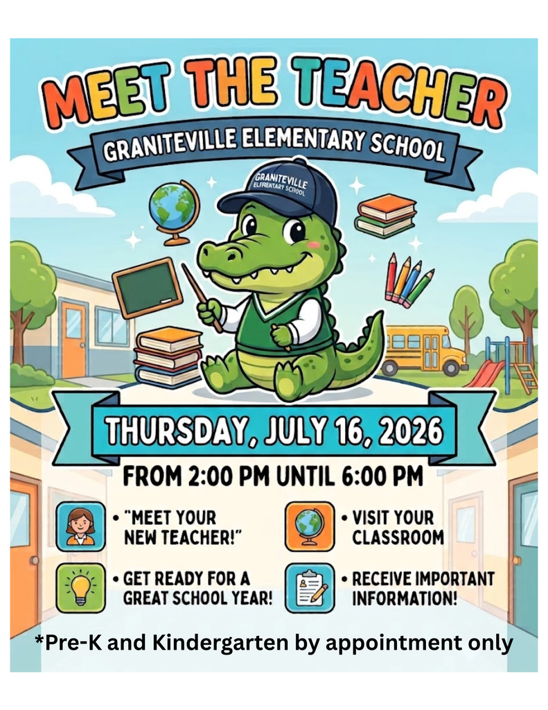 Image includes an alligator wearing a sweater vest and a baseball cap. There is a school, a bus, and school supplies in the background. 